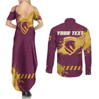 Personalised Brisbane Broncos Rugby Couples Matching Summer Maxi Dress and Long Sleeve Button Shirt Bronx Mascot Grunge Maroon Gold - Sporty Splash Art Style