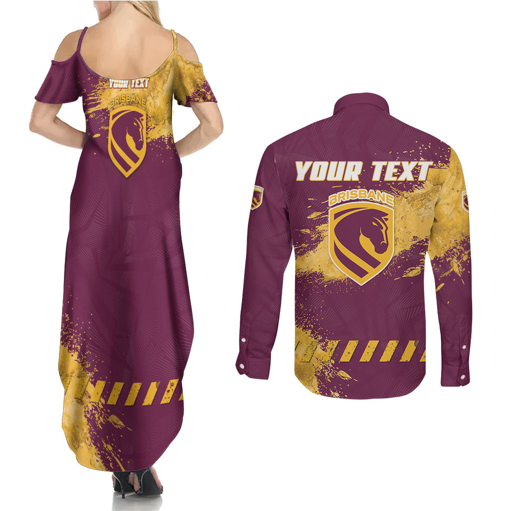 Personalised Brisbane Broncos Rugby Couples Matching Summer Maxi Dress and Long Sleeve Button Shirt Bronx Mascot Grunge Maroon Gold - Sporty Splash Art Style