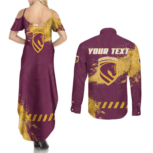 Personalised Brisbane Broncos Rugby Couples Matching Summer Maxi Dress and Long Sleeve Button Shirt Bronx Mascot Grunge Maroon Gold - Sporty Splash Art Style