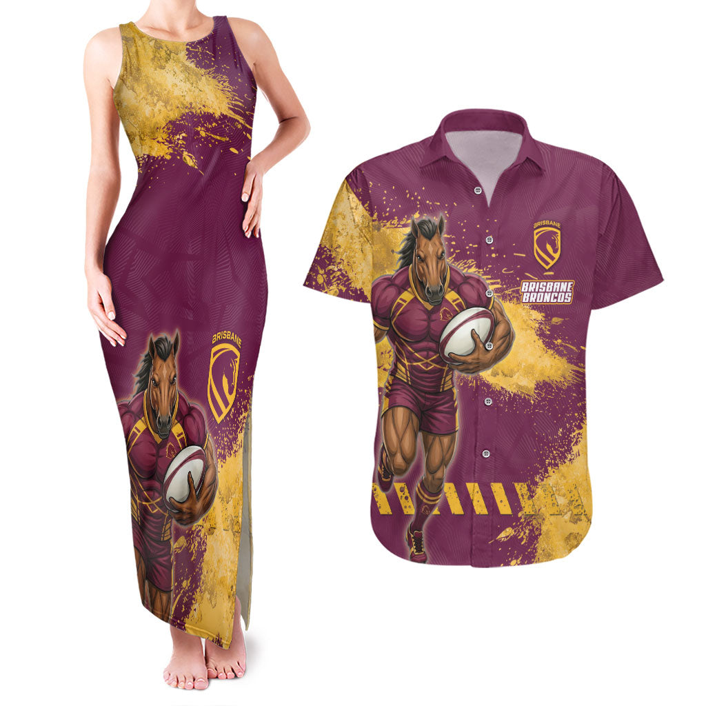 Personalised Brisbane Broncos Rugby Couples Matching Tank Maxi Dress and Hawaiian Shirt Bronx Mascot Grunge Maroon Gold - Sporty Splash Art Style