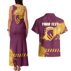 Personalised Brisbane Broncos Rugby Couples Matching Tank Maxi Dress and Hawaiian Shirt Bronx Mascot Grunge Maroon Gold - Sporty Splash Art Style