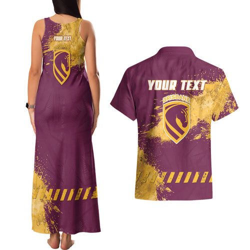 Personalised Brisbane Broncos Rugby Couples Matching Tank Maxi Dress and Hawaiian Shirt Bronx Mascot Grunge Maroon Gold - Sporty Splash Art Style