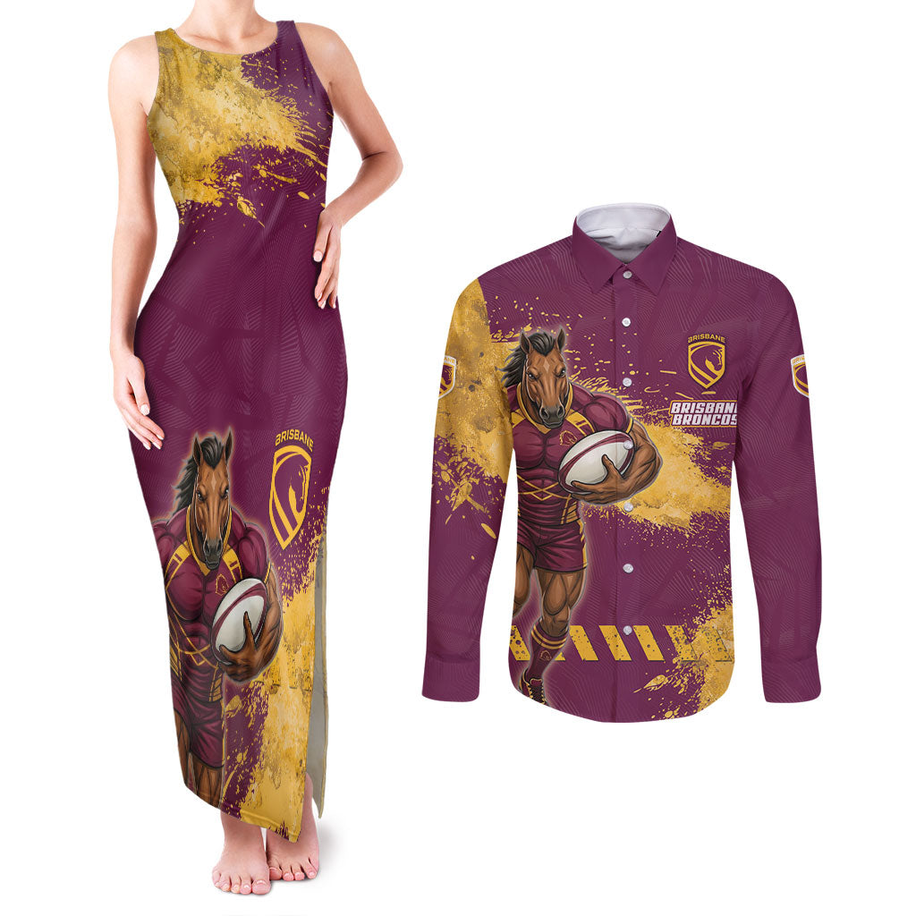 Personalised Brisbane Broncos Rugby Couples Matching Tank Maxi Dress and Long Sleeve Button Shirt Bronx Mascot Grunge Maroon Gold - Sporty Splash Art Style