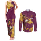 Personalised Brisbane Broncos Rugby Couples Matching Tank Maxi Dress and Long Sleeve Button Shirt Bronx Mascot Grunge Maroon Gold - Sporty Splash Art Style