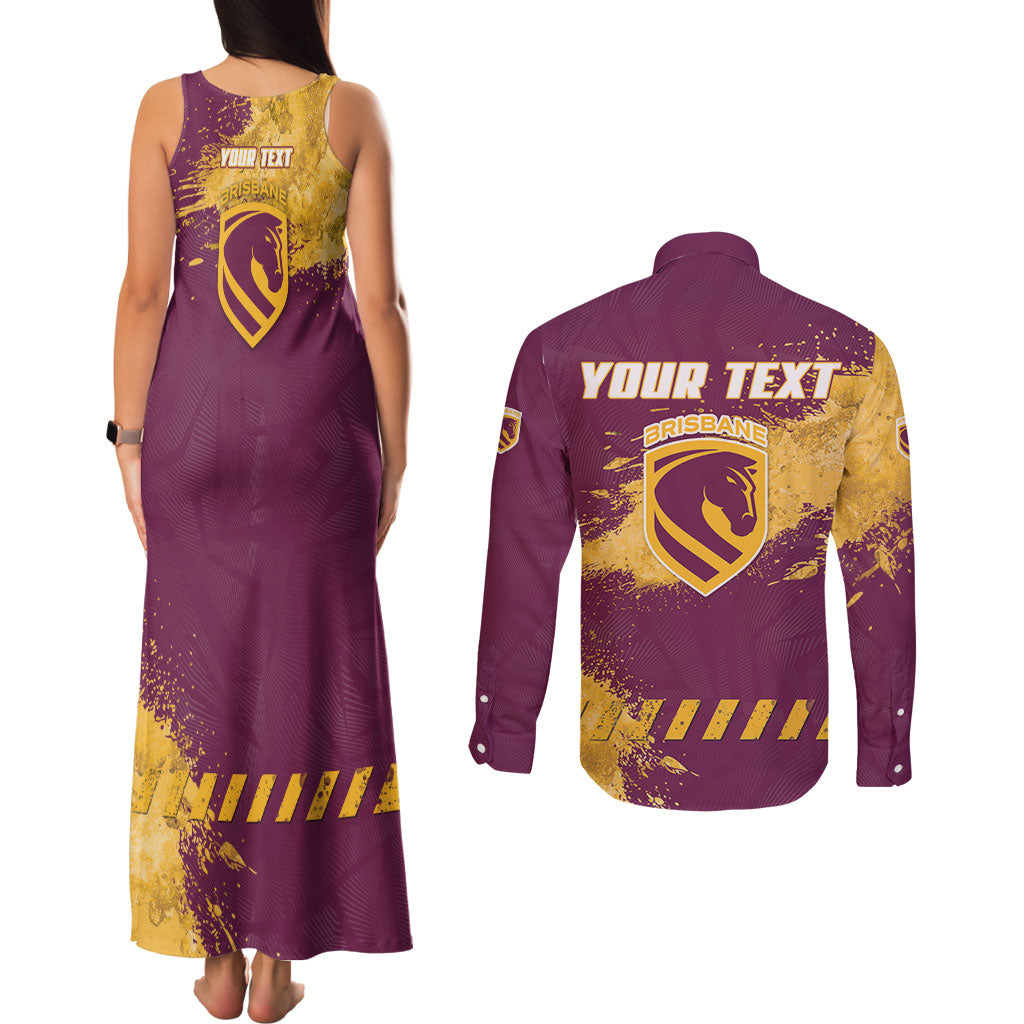 Personalised Brisbane Broncos Rugby Couples Matching Tank Maxi Dress and Long Sleeve Button Shirt Bronx Mascot Grunge Maroon Gold - Sporty Splash Art Style