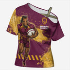 Personalised Brisbane Broncos Rugby Cross Shoulder Shirt Bronx Mascot Grunge Maroon Gold - Sporty Splash Art Style