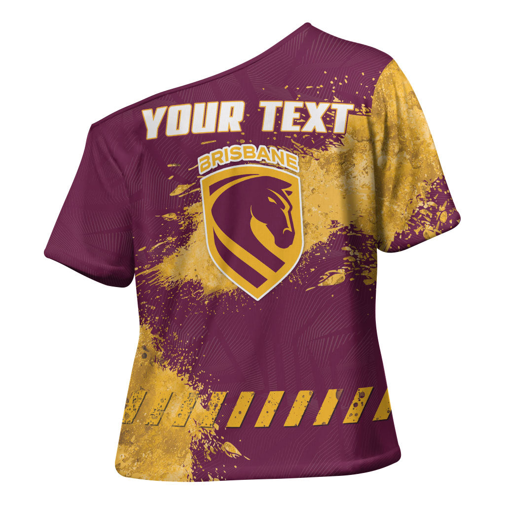 Personalised Brisbane Broncos Rugby Cross Shoulder Shirt Bronx Mascot Grunge Maroon Gold - Sporty Splash Art Style