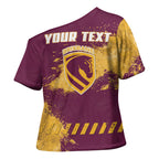 Personalised Brisbane Broncos Rugby Cross Shoulder Shirt Bronx Mascot Grunge Maroon Gold - Sporty Splash Art Style