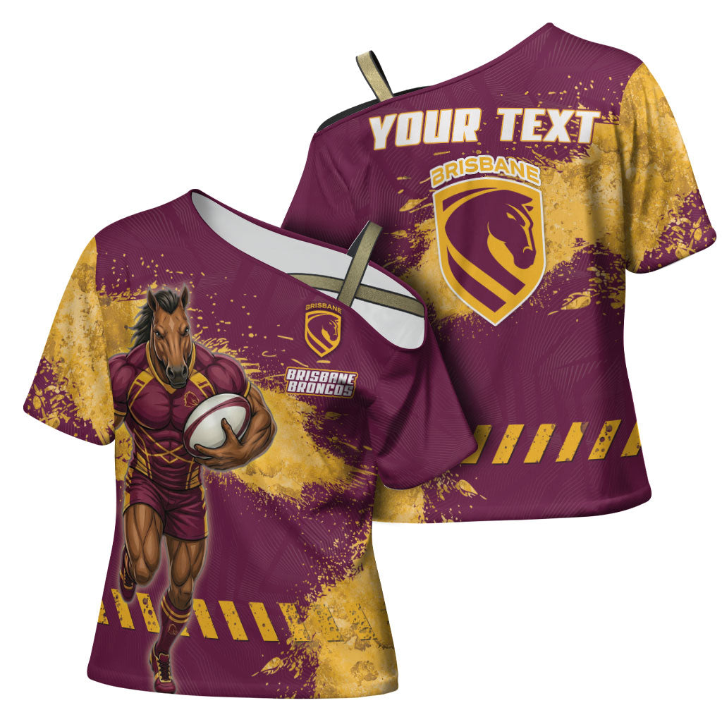 Personalised Brisbane Broncos Rugby Cross Shoulder Shirt Bronx Mascot Grunge Maroon Gold - Sporty Splash Art Style