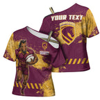 Personalised Brisbane Broncos Rugby Cross Shoulder Shirt Bronx Mascot Grunge Maroon Gold - Sporty Splash Art Style
