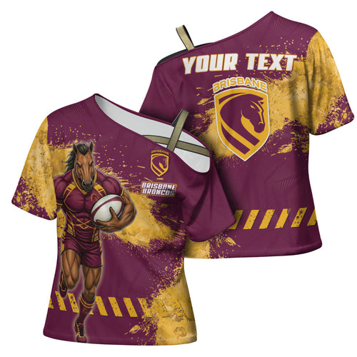 Personalised Brisbane Broncos Rugby Cross Shoulder Shirt Bronx Mascot Grunge Maroon Gold - Sporty Splash Art Style