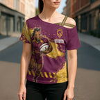 Personalised Brisbane Broncos Rugby Cross Shoulder Shirt Bronx Mascot Grunge Maroon Gold - Sporty Splash Art Style