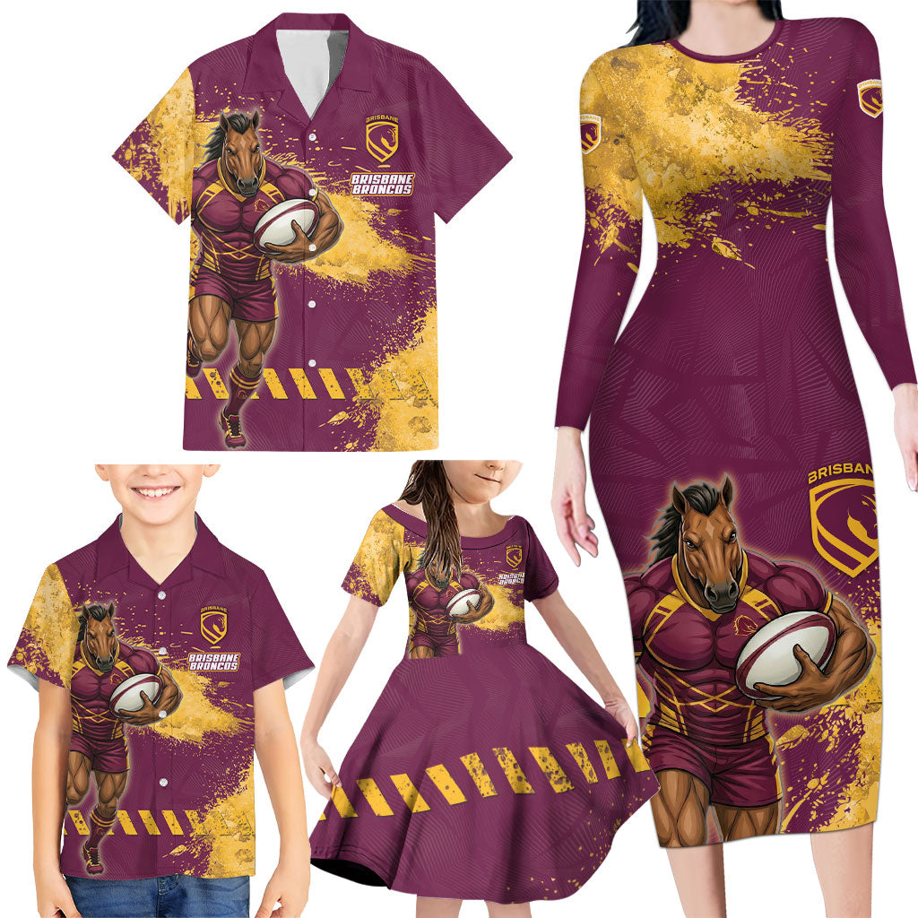 Personalised Brisbane Broncos Rugby Family Matching Long Sleeve Bodycon Dress and Hawaiian Shirt Bronx Mascot Grunge Maroon Gold - Sporty Splash Art Style