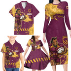 Personalised Brisbane Broncos Rugby Family Matching Long Sleeve Bodycon Dress and Hawaiian Shirt Bronx Mascot Grunge Maroon Gold - Sporty Splash Art Style