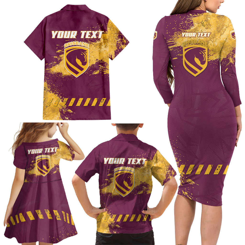 Personalised Brisbane Broncos Rugby Family Matching Long Sleeve Bodycon Dress and Hawaiian Shirt Bronx Mascot Grunge Maroon Gold - Sporty Splash Art Style