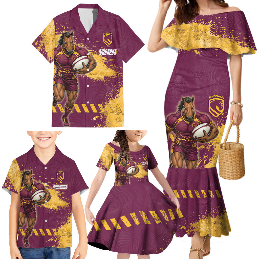 Personalised Brisbane Broncos Rugby Family Matching Mermaid Dress and Hawaiian Shirt Bronx Mascot Grunge Maroon Gold - Sporty Splash Art Style