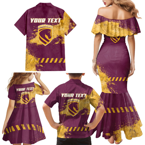 Personalised Brisbane Broncos Rugby Family Matching Mermaid Dress and Hawaiian Shirt Bronx Mascot Grunge Maroon Gold - Sporty Splash Art Style