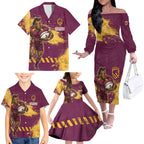 Personalised Brisbane Broncos Rugby Family Matching Off The Shoulder Long Sleeve Dress and Hawaiian Shirt Bronx Mascot Grunge Maroon Gold - Sporty Splash Art Style