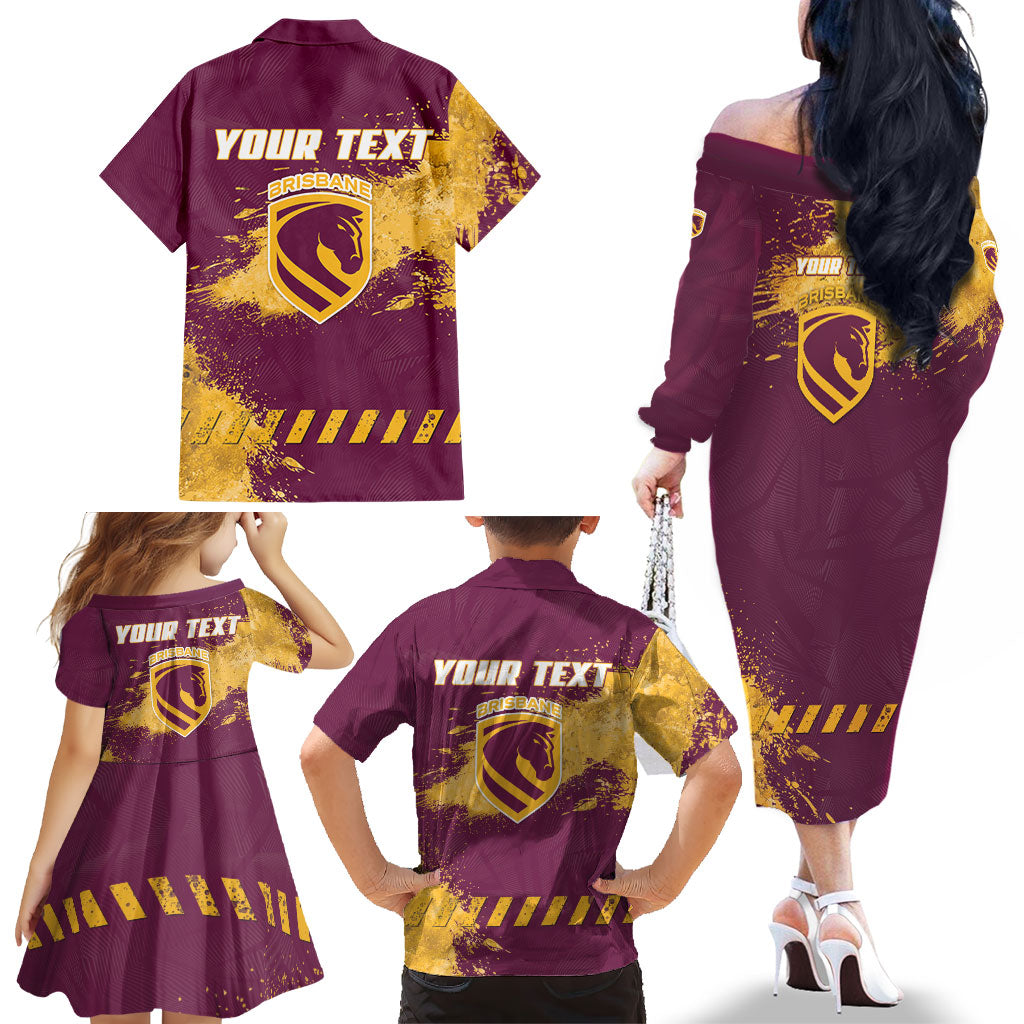 Personalised Brisbane Broncos Rugby Family Matching Off The Shoulder Long Sleeve Dress and Hawaiian Shirt Bronx Mascot Grunge Maroon Gold - Sporty Splash Art Style