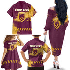 Personalised Brisbane Broncos Rugby Family Matching Off The Shoulder Long Sleeve Dress and Hawaiian Shirt Bronx Mascot Grunge Maroon Gold - Sporty Splash Art Style