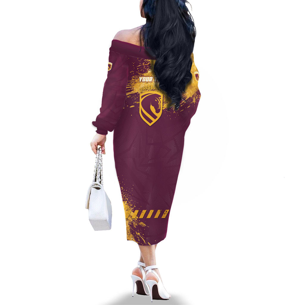 Personalised Brisbane Broncos Rugby Family Matching Off The Shoulder Long Sleeve Dress and Hawaiian Shirt Bronx Mascot Grunge Maroon Gold - Sporty Splash Art Style