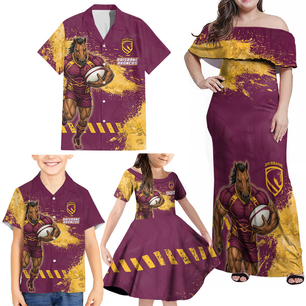 Personalised Brisbane Broncos Rugby Family Matching Off Shoulder Maxi Dress and Hawaiian Shirt Bronx Mascot Grunge Maroon Gold - Sporty Splash Art Style