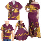 Personalised Brisbane Broncos Rugby Family Matching Off Shoulder Maxi Dress and Hawaiian Shirt Bronx Mascot Grunge Maroon Gold - Sporty Splash Art Style
