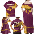 Personalised Brisbane Broncos Rugby Family Matching Off Shoulder Maxi Dress and Hawaiian Shirt Bronx Mascot Grunge Maroon Gold - Sporty Splash Art Style