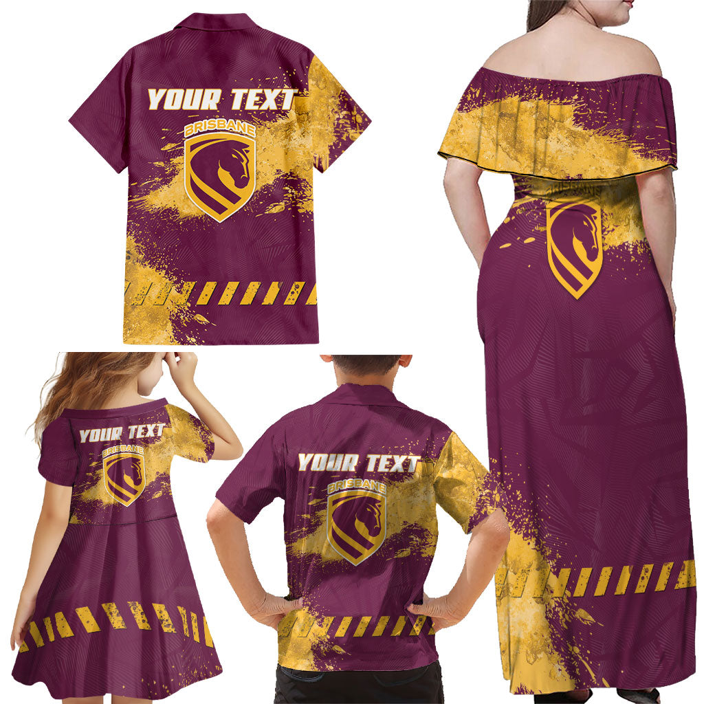 Personalised Brisbane Broncos Rugby Family Matching Off Shoulder Maxi Dress and Hawaiian Shirt Bronx Mascot Grunge Maroon Gold - Sporty Splash Art Style