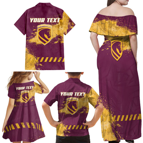 Personalised Brisbane Broncos Rugby Family Matching Off Shoulder Maxi Dress and Hawaiian Shirt Bronx Mascot Grunge Maroon Gold - Sporty Splash Art Style