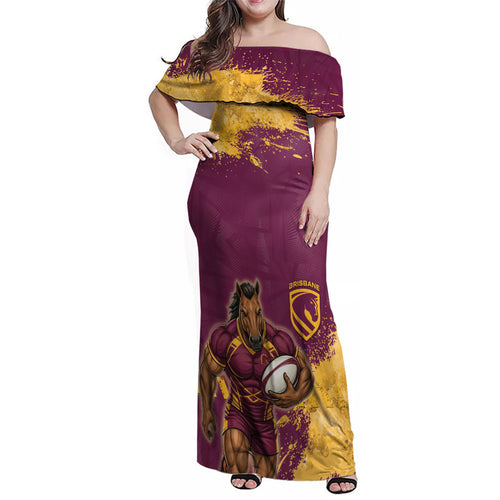 Personalised Brisbane Broncos Rugby Family Matching Off Shoulder Maxi Dress and Hawaiian Shirt Bronx Mascot Grunge Maroon Gold - Sporty Splash Art Style