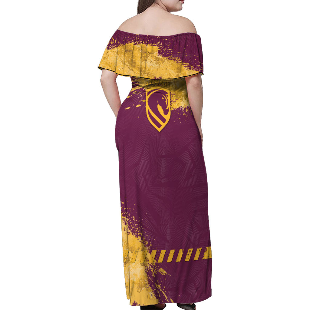 Personalised Brisbane Broncos Rugby Family Matching Off Shoulder Maxi Dress and Hawaiian Shirt Bronx Mascot Grunge Maroon Gold - Sporty Splash Art Style