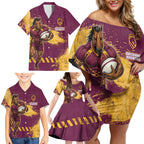 Personalised Brisbane Broncos Rugby Family Matching Off Shoulder Short Dress and Hawaiian Shirt Bronx Mascot Grunge Maroon Gold - Sporty Splash Art Style