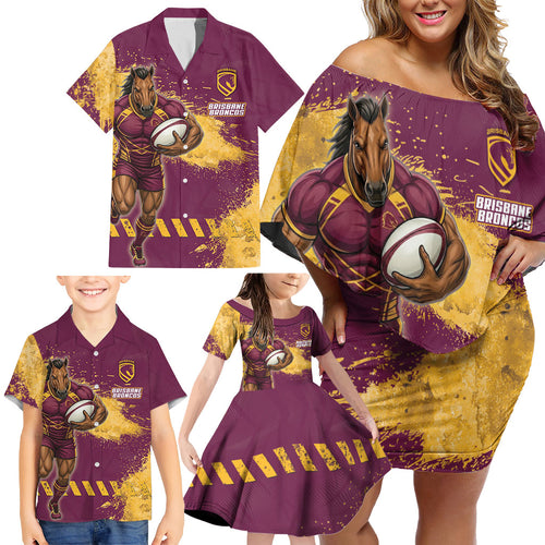 Personalised Brisbane Broncos Rugby Family Matching Off Shoulder Short Dress and Hawaiian Shirt Bronx Mascot Grunge Maroon Gold - Sporty Splash Art Style
