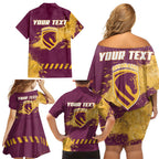 Personalised Brisbane Broncos Rugby Family Matching Off Shoulder Short Dress and Hawaiian Shirt Bronx Mascot Grunge Maroon Gold - Sporty Splash Art Style