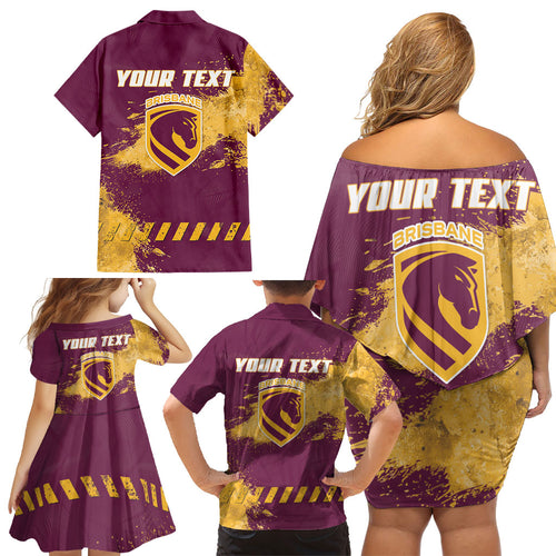 Personalised Brisbane Broncos Rugby Family Matching Off Shoulder Short Dress and Hawaiian Shirt Bronx Mascot Grunge Maroon Gold - Sporty Splash Art Style