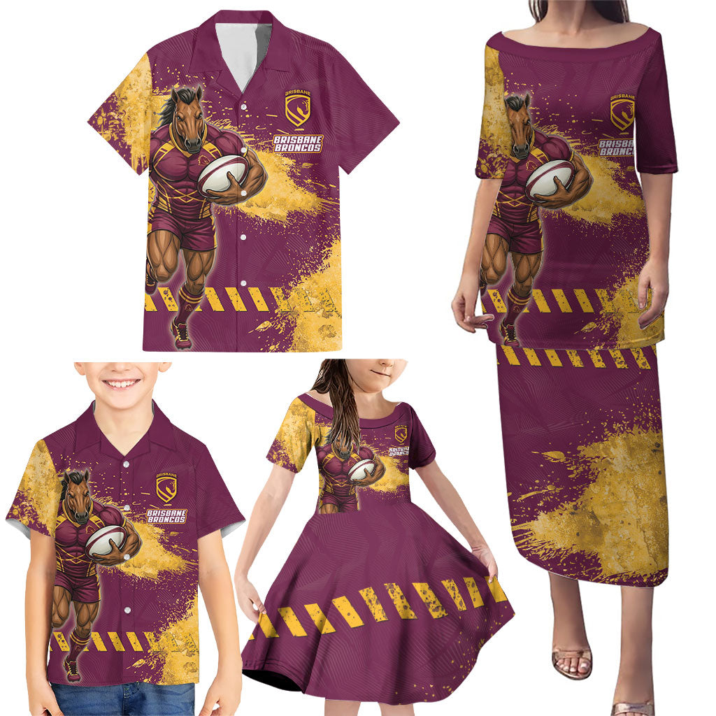 Personalised Brisbane Broncos Rugby Family Matching Puletasi and Hawaiian Shirt Bronx Mascot Grunge Maroon Gold - Sporty Splash Art Style