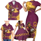 Personalised Brisbane Broncos Rugby Family Matching Short Sleeve Bodycon Dress and Hawaiian Shirt Bronx Mascot Grunge Maroon Gold - Sporty Splash Art Style