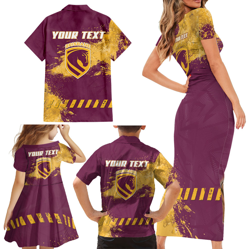 Personalised Brisbane Broncos Rugby Family Matching Short Sleeve Bodycon Dress and Hawaiian Shirt Bronx Mascot Grunge Maroon Gold - Sporty Splash Art Style