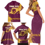 Personalised Brisbane Broncos Rugby Family Matching Short Sleeve Bodycon Dress and Hawaiian Shirt Bronx Mascot Grunge Maroon Gold - Sporty Splash Art Style
