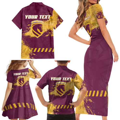 Personalised Brisbane Broncos Rugby Family Matching Short Sleeve Bodycon Dress and Hawaiian Shirt Bronx Mascot Grunge Maroon Gold - Sporty Splash Art Style