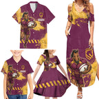 Personalised Brisbane Broncos Rugby Family Matching Summer Maxi Dress and Hawaiian Shirt Bronx Mascot Grunge Maroon Gold - Sporty Splash Art Style