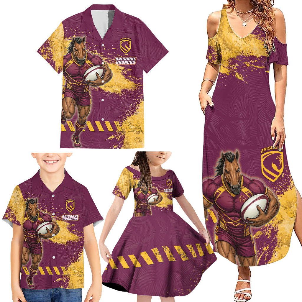 Personalised Brisbane Broncos Rugby Family Matching Summer Maxi Dress and Hawaiian Shirt Bronx Mascot Grunge Maroon Gold - Sporty Splash Art Style
