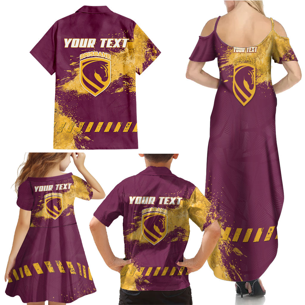 Personalised Brisbane Broncos Rugby Family Matching Summer Maxi Dress and Hawaiian Shirt Bronx Mascot Grunge Maroon Gold - Sporty Splash Art Style
