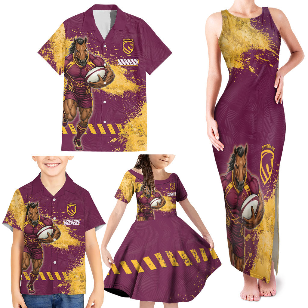 Personalised Brisbane Broncos Rugby Family Matching Tank Maxi Dress and Hawaiian Shirt Bronx Mascot Grunge Maroon Gold - Sporty Splash Art Style