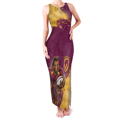 Personalised Brisbane Broncos Rugby Family Matching Tank Maxi Dress and Hawaiian Shirt Bronx Mascot Grunge Maroon Gold - Sporty Splash Art Style
