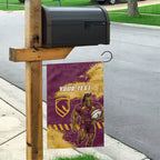 Personalised Brisbane Broncos Rugby Garden Flag Bronx Mascot Grunge Maroon Gold - Sporty Splash Art Style