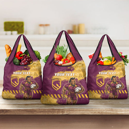 Personalised Brisbane Broncos Rugby Grocery Bag Bronx Mascot Grunge Maroon Gold - Sporty Splash Art Style