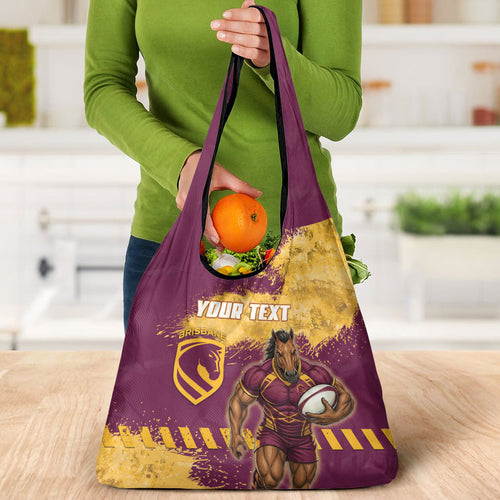 Personalised Brisbane Broncos Rugby Grocery Bag Bronx Mascot Grunge Maroon Gold - Sporty Splash Art Style