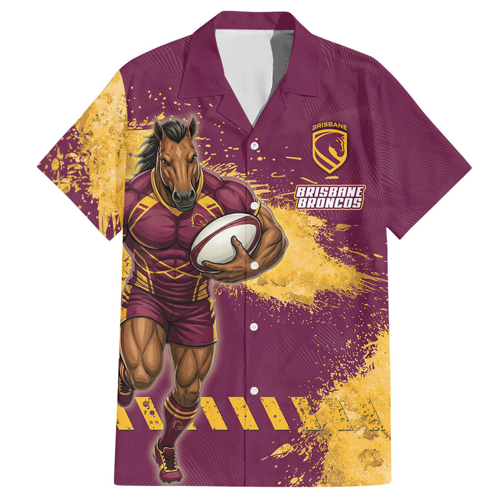 Personalised Brisbane Broncos Rugby Hawaiian Shirt Bronx Mascot Grunge Maroon Gold - Sporty Splash Art Style